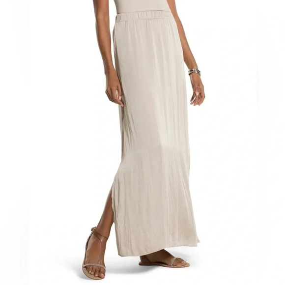 Chico’s Serena Satin Metallic Neutral Staple Fairy Whimsy Maxi Skirt - Picture 2 of 8